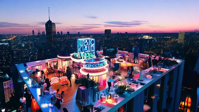 Rooftop Bar in City with Neon Lights