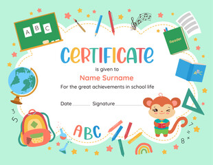 Elementary school certificate with kawaii animal. Cute design template for kids. Back to school frame children vector illustration. School supplies background. Playful vibrant achievement award print.