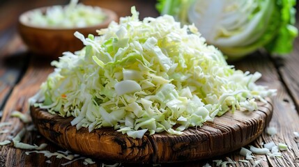 Close Up of Chopped Cabbage on Wooden Cutting Board - Realistic Image