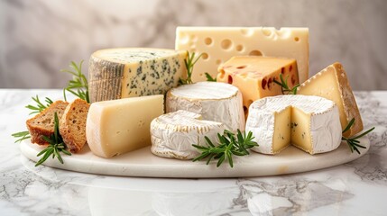Assorted Gourmet Cheeses on Marble Platter with Fresh Rosemary and Bread Slices