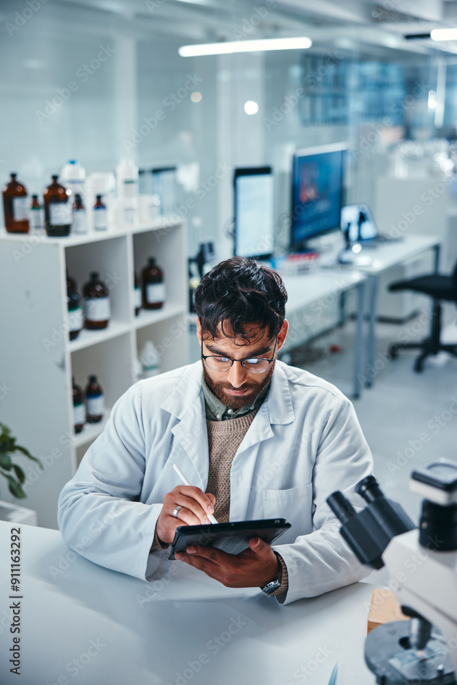 Poster scientist, man and healthcare with tablet in lab for microscope research, medical data and science i