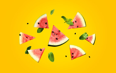 Pieces of ripe watermelon scatter in different directions on a orange background. Watermelon slices and mint leaves on a yellow background. Fresh red watermelon slices. Composition. Collage