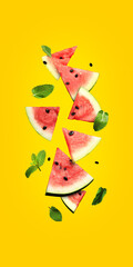 Pieces of ripe watermelon scatter in different directions on a orange background. Watermelon slices and mint leaves on a yellow background. Fresh red watermelon slices. Composition. Collage