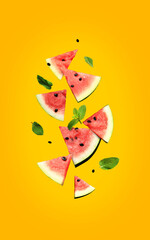 Pieces of ripe watermelon scatter in different directions on a orange background. Watermelon slices and mint leaves on a yellow background. Fresh red watermelon slices. Composition. Collage