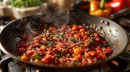 Steaming Red Pepper and Tomato Dish in a Pan - Realistic Image