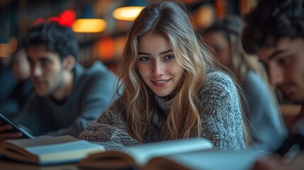 Students Engaged in Group Study Session at Cozy Library During Evening Hours