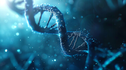 Blue dna strand rotating with glowing particles