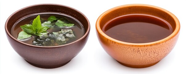 An isolated image of Japanese miso soup with cubes of tofu and seaweed.