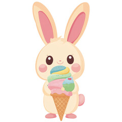 Fototapeta premium Cute rabbit holding a colorful ice cream cone.