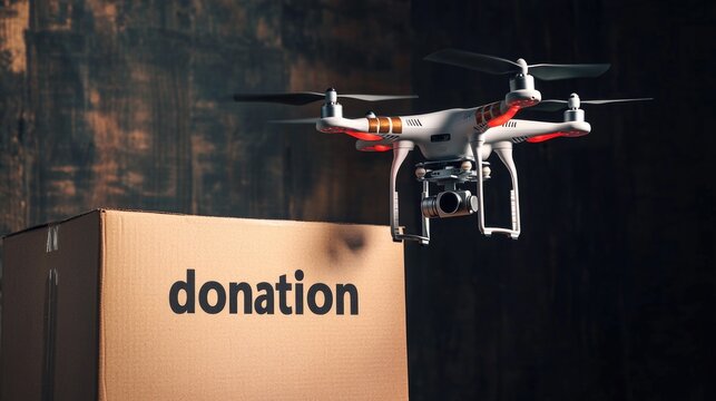 Military drone with a box for collecting donations in favour of army. Craft box for assistance in purchasing equipment