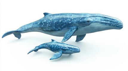 Isolated white background of mother blue whale and calf