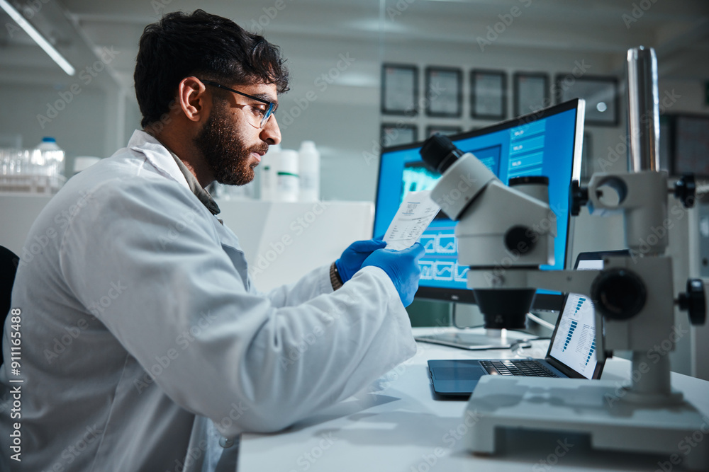 Poster Computer screen, paper and science with man in laboratory for development, innovation or research. Microscope, results and study with scientist reading at work on medical breakthrough or discovery