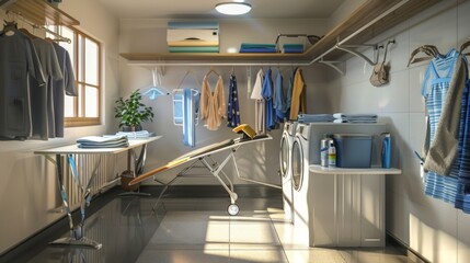 A neat and organized laundry room with white walls, double stack machines, ironing board, clothes rack, and storage cabinets. Brightly lit with natural light.