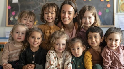 Teacher with brown hair smiles among diverse children in casual clothing, creating a warm, inclusive scene. Educational setting indicated by colorful blackboard in background.