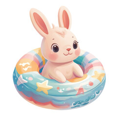 Obraz premium A cute bunny rabbit floats on a colorful inflatable ring with a happy smile.