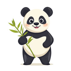 Cute cartoon panda bear holding a stalk of bamboo.