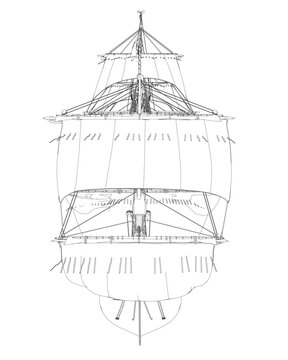 recommend clip art: Outline of an ancient sailing frigate made of black lines isolated on a white background. Vector illustration.