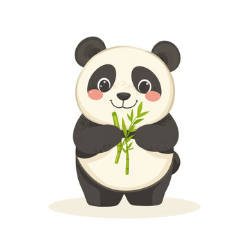 recommend clip art: Cute cartoon panda holding bamboo stalks.