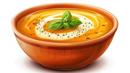 Bowl of Creamy Pumpkin Soup with Basil and Pepper Illustration