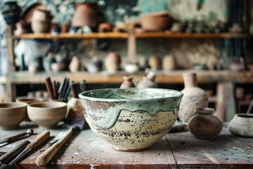 AI generated picture of hands working on a pottery wheel sculpting mug with ceramic clay