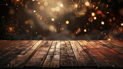 Beautiful wooden table against the background of fireworks close-up