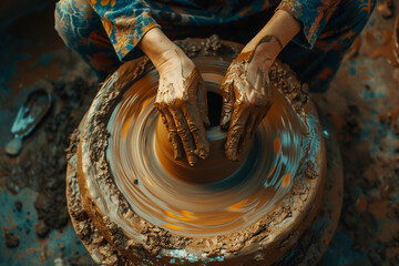 AI generated photo of female artist shaping clay on spinning wheel pottery artist