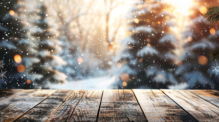 Beautiful wooden table against a background of snow close-up