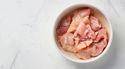 Raw chicken in bowl on white background with space for text