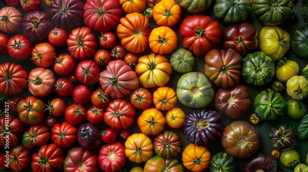 Poster a colorful array of tomatoes and peppers are displayed in a row