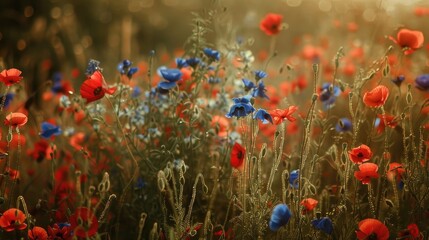 Fototapeta premium Red and blue wildflowers