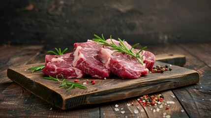Raw pork neck fillet displayed on wood board with steak dark background