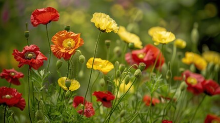 Fototapeta premium Red and yellow Ashsholtia Poppy flowers in summer greenery