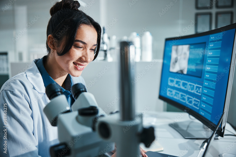Aufkleber Computer screen, microscope and smile with scientist in laboratory for development, innovation or research. Pharmaceuticals, science and study with happy woman at work on breakthrough or discovery