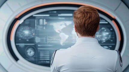 Man in futuristic uniform observing advanced digital interface with world map in high-tech control room.