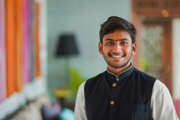 Fototapeta premium Smiling Indian man in a hotel staff uniform with a warm smile.