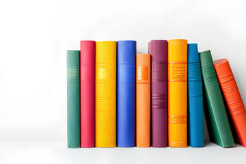 Naklejka premium A row of colorful books on white background,