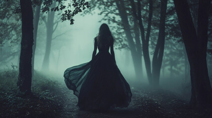 A woman in a long black dress is walking through a forest