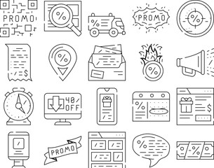 Promo And Advertising Coupon Icons Set Vector. Qr Code On Sale Discount And Newsletter With Advertise Messenger, Promo Street Banner And Promotional Ribbon Black Contour Illustrations