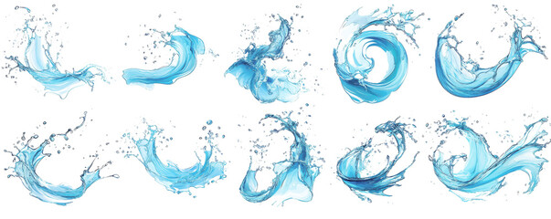 Naklejka premium A set of dynamic blue water swirls and splashes isolated on a transparent background. Perfect for design, art projects, and illustrations.