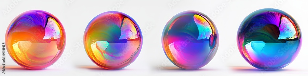 Poster design set of three 3d circles with colorful iridescent holographic elements, isolated on white