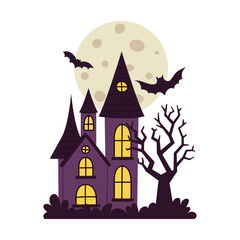 A house with bats flying around it and a full moon in the background