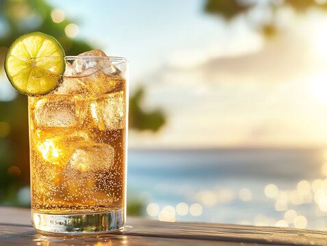A frosty glass of Canada Dry ginger ale with ice cubes and a slice of lime, placed on a wooden deck with a view of a serene Canadian lake in the background
