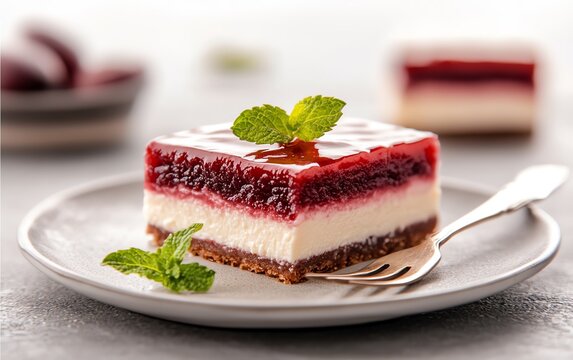A mouthwatering slice of Romeu e Julieta cheesecake, with layers of creamy cheese and guava paste, served on a modern, minimalist plate with a fork and a sprig of mint
