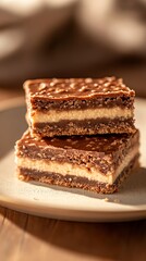 A plate of classic Nanaimo bars arranged neatly on a rustic wooden table with a background of a cozy Canadian kitchen