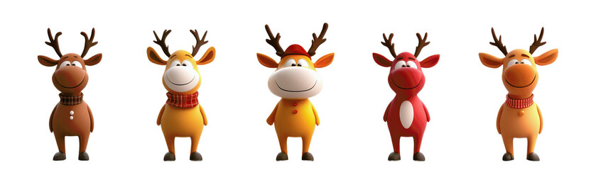 Cute cartoon reindeer characters lined up with festive accessories, perfect for holiday and Christmas-themed designs and decorations.