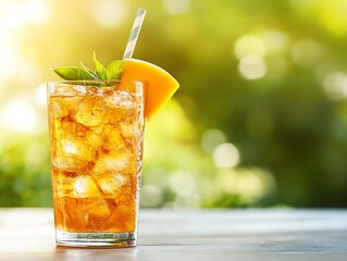 A refreshing scene of a glass of Kenyan mango juice with ice, garnished with a slice of fresh mango and a paper straw, on a sunlit patio table