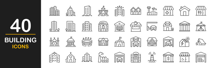 Building icon set. Containing house, office, bank, school, hotel, shop, university, hospital, church, museum, mosque, skyscraper, factory, architecture, city and more. Vector illustration