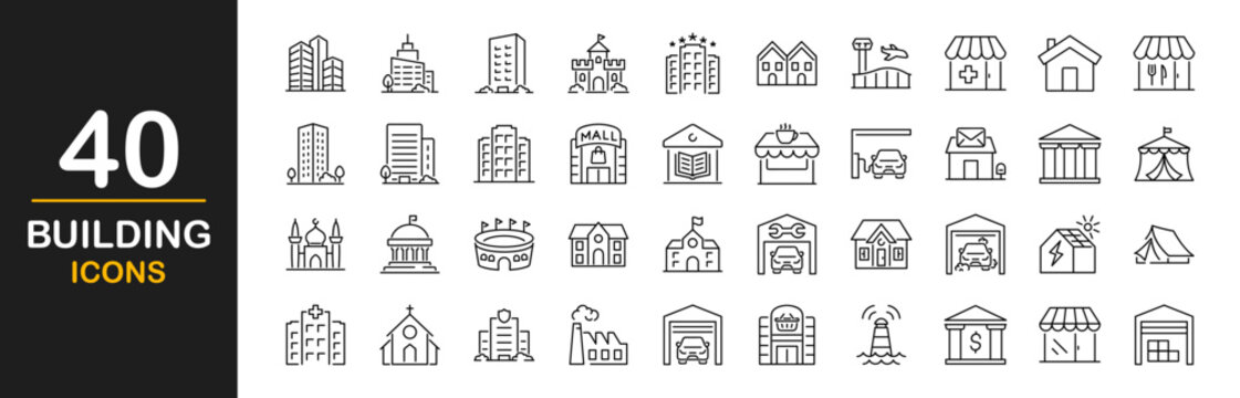 Building icon set. Containing house, office, bank, school, hotel, shop, university, hospital, church, museum, mosque, skyscraper, factory, architecture, city and more. Vector illustration