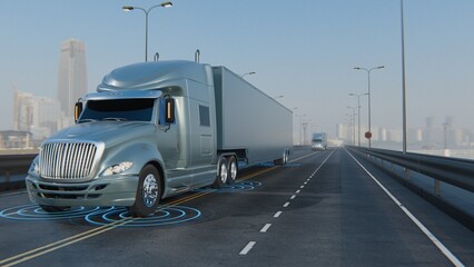 Autonomous American semi-truck with a trailer, controlled by artificial intelligence, drives on the line road. Cargo delivery, transportation of the future. Artificial intelligence. Self driving