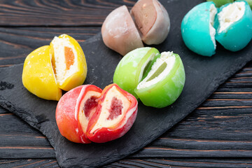 Mix of colorful mochi . Traditional japanese dessert